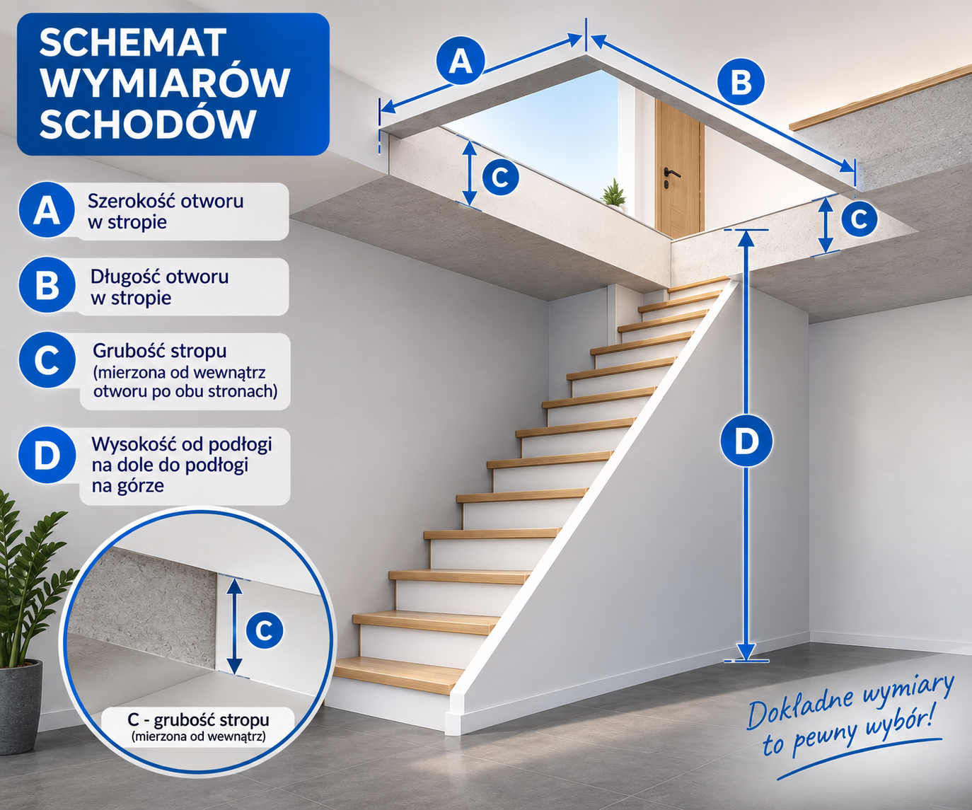 Schemat wymiarów schodów A B C D